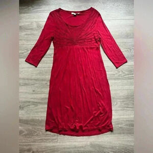 Boden Red Dresss Long Sleeves Knee Empire Waist Shell Pattern Scoop Neck Size 10
